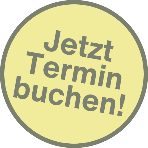 Runder Button mit der Aufschrift "Jetzt Termin buchen!" in gelber und grauer Schrift.